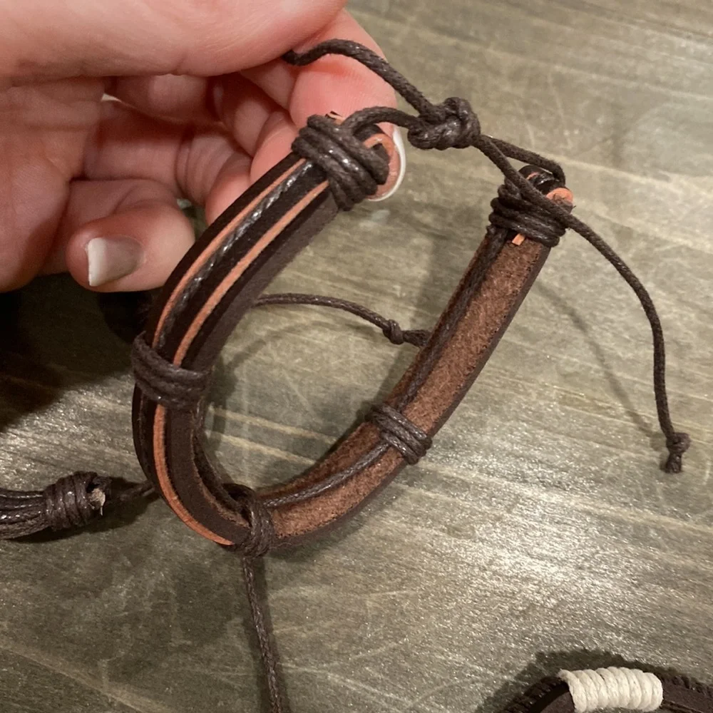 ( 3 ) NEW 100% Leather Brown & Cream Boho Adjustable Bracelet SET - Picture 4 of 6